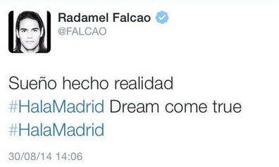 Le tweet de Falcao, rapidement disparu après la publication