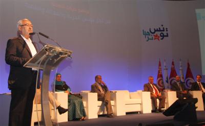 Rached Ghannouchi lors de la présentation du programme d'Ennahdha.